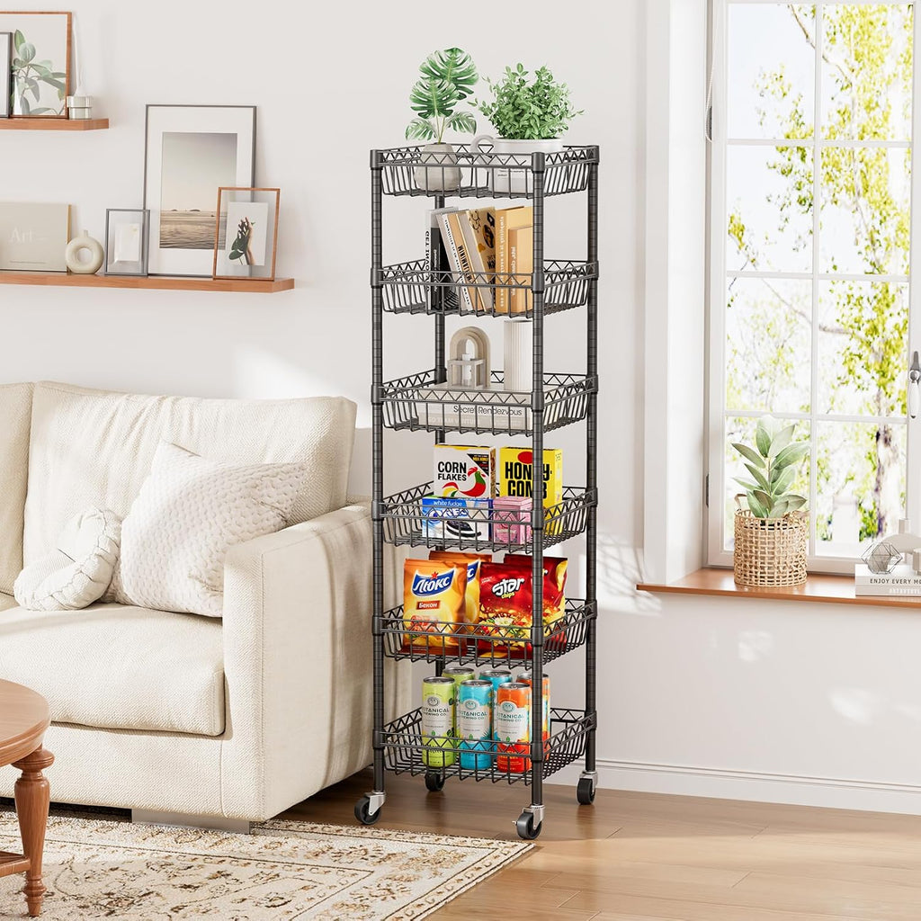Basket Shelves Closet Rack with Wheels Metal Pantry Wire Shelf Unit