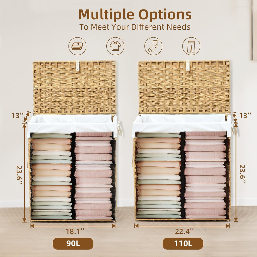 Woven Laundry Hamper with Lid, Large Rattan Clothes Hamper with