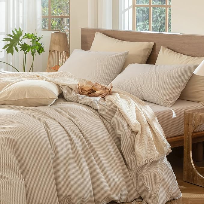 MooMee Bedding Pillowcases Striped Pack of 2 100% Washed Cotton Linen Like - Image 5