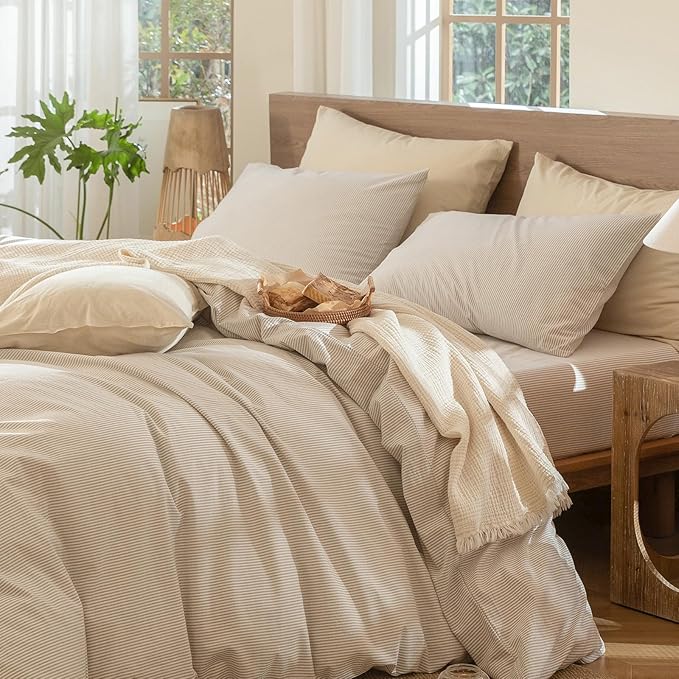 MooMee Bedding Pillowcases Striped Pack of 2 100% Washed Cotton Linen Like - Image 5