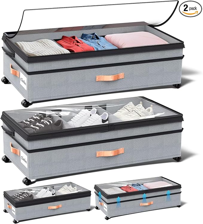 Under Bed Storage with Wheels, 2 Packs XXL Underbed Organizer with Lid by Aomkmi