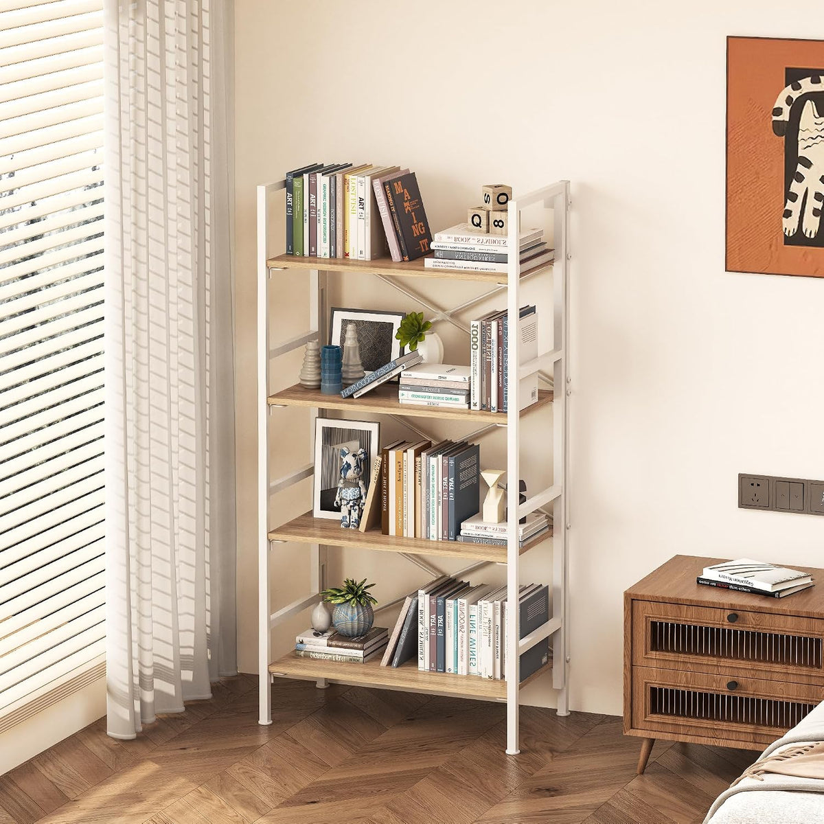 Homeiju Folding Bookshelf,4 Tier Bookcase with X-Bracket Design