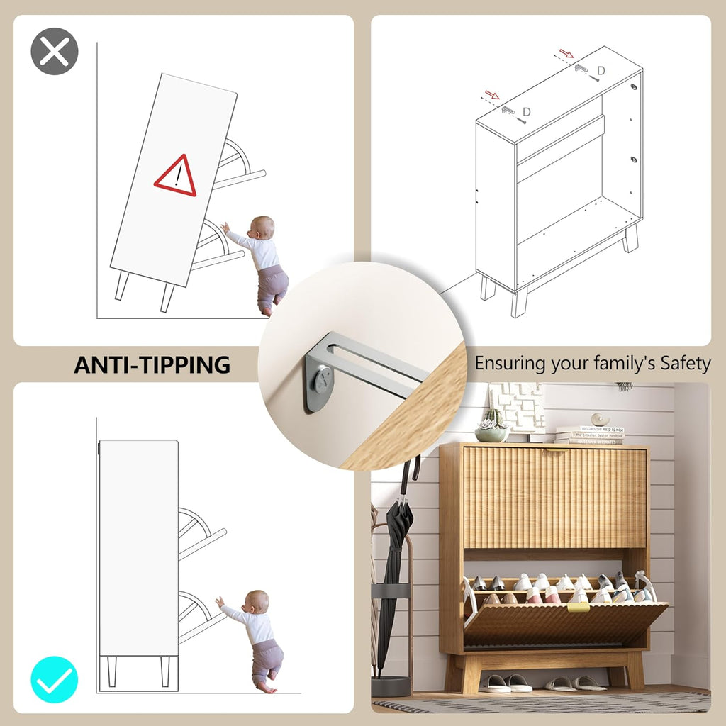 Shoe Cabinet Storage for Entryway with 2 Flip Drawers, Fluted Narrow