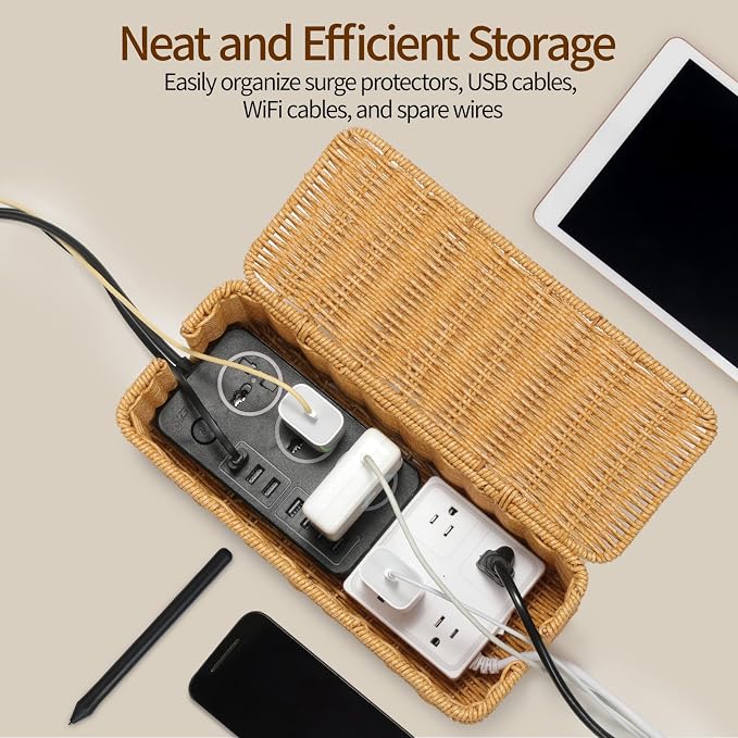 Delamu Handmade Rattan Small Cable Management Box, Cord Organizer - Image 4