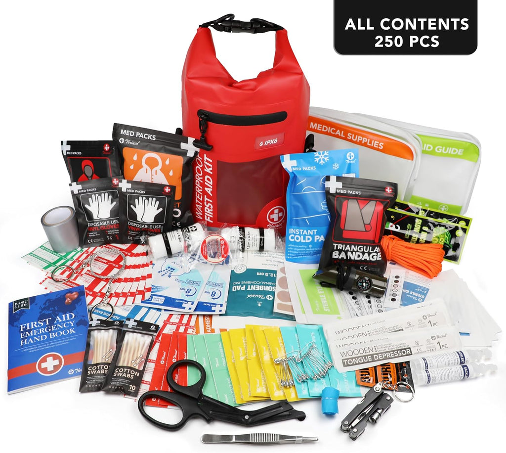 250 PCS Water‐Resistant First Aid Kit, Roll Top Reflective Emergency