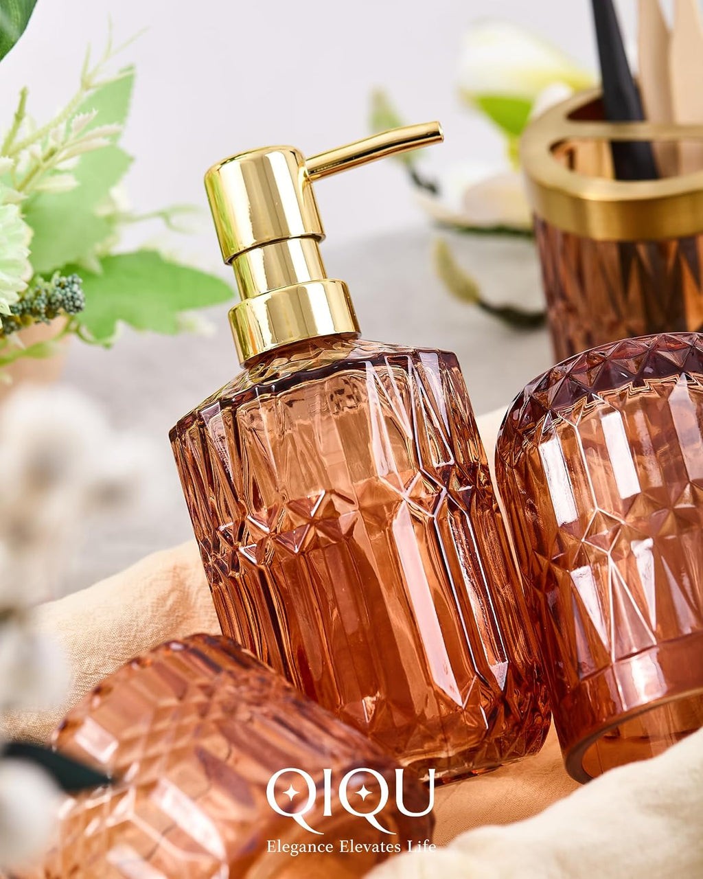 Amber 5Pcs Bathroom Accessories Set, Diamond Heavy Cut Glass Soap