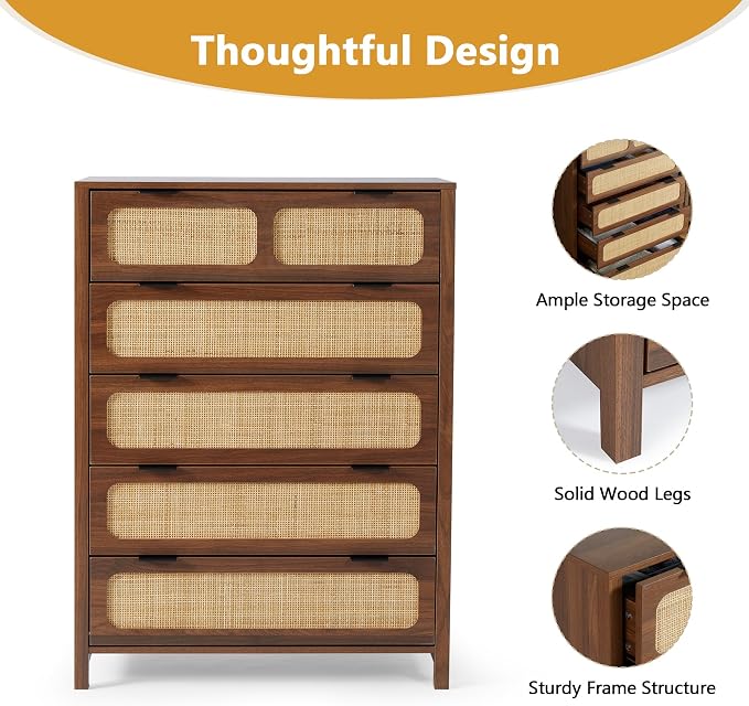 5 Drawer Dresser with Rattan Finish, Modern Farmhouse Chest of Drawers with - Image 7