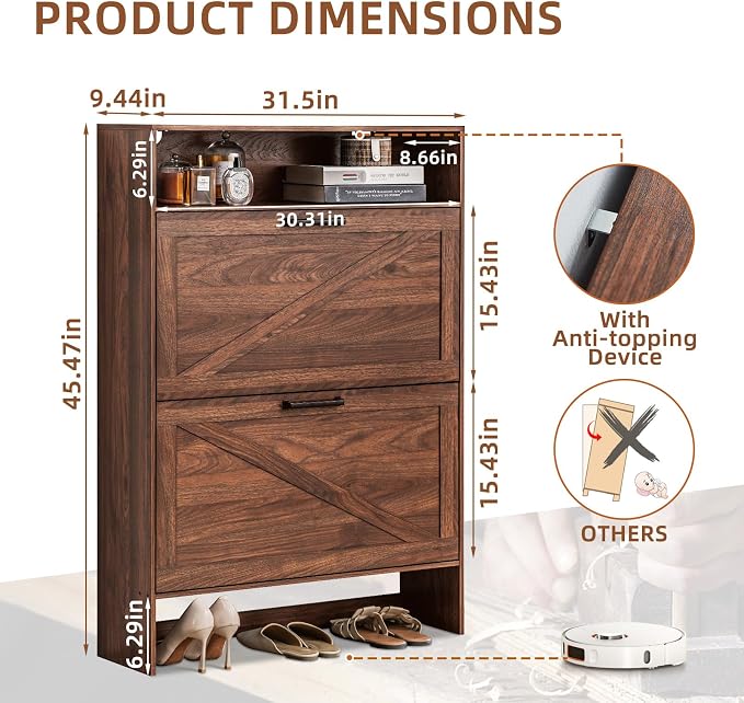 Shoe Storage Cabinet with 2 Flip Drawers, Farmhouse Narrow Shoe Organizer with - Image 2