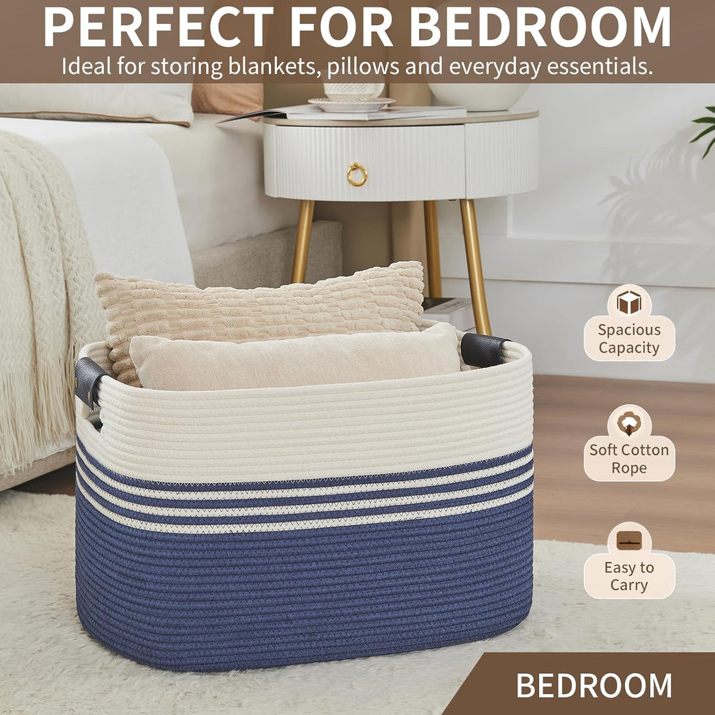 DOFASAYI Laundry Hamper, 72L Cotton Rope Laundry Basket, Dark Blue &