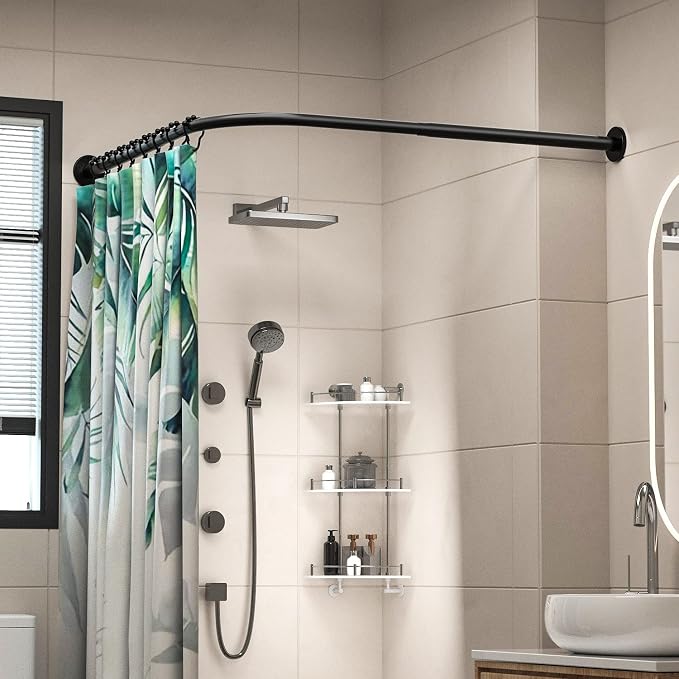 Corner Shower Curtain Rod Adjustable Stainless Steel L Shaped Rack Drill Free - Image 3