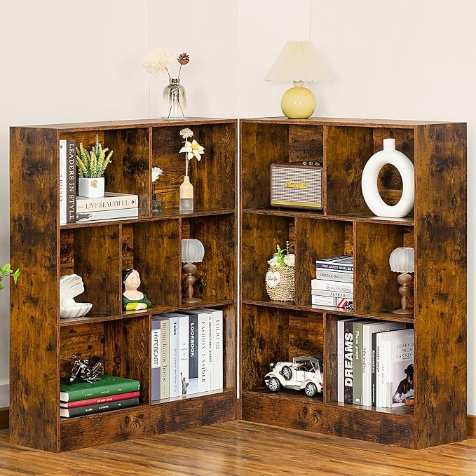 LEYAOYAO 7 Cube Bookshelf with Base, 3 Tier Mid-Century Modern Brown Bookcase - Image 8