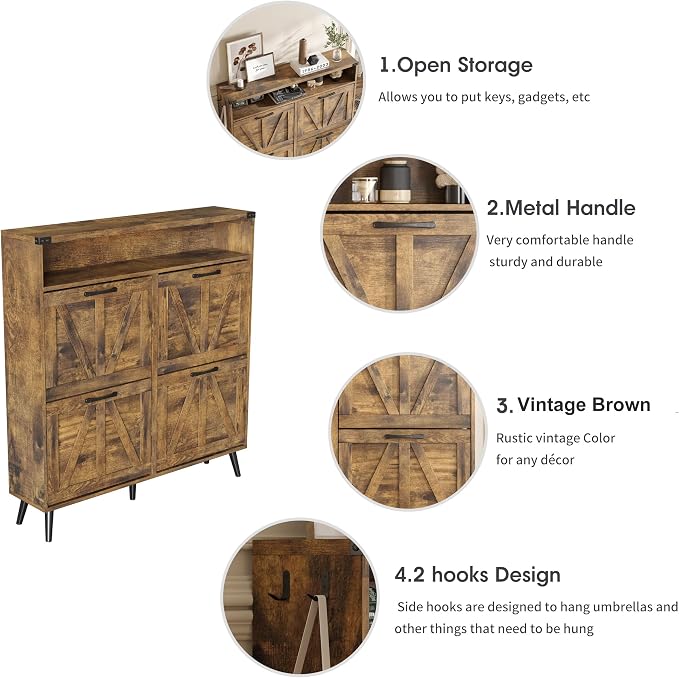 Shoe Cabinet with 4 Flip Drawers, Farmhouse Shoe Storage Cabinet - Image 3