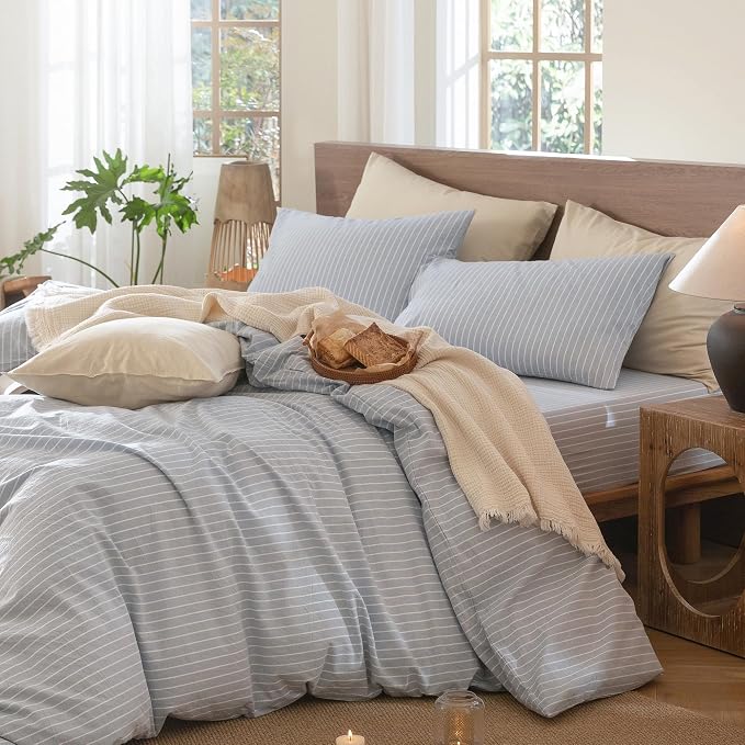 MooMee Bedding Pillowcases Striped Pack of 2 100% Washed Cotton Linen Like - Image 5