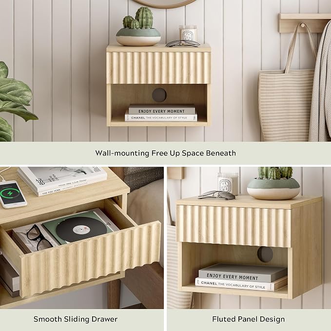 Small Floating Nightstand with Drawer, Modern Night Stand with Fluted Door and - Image 5