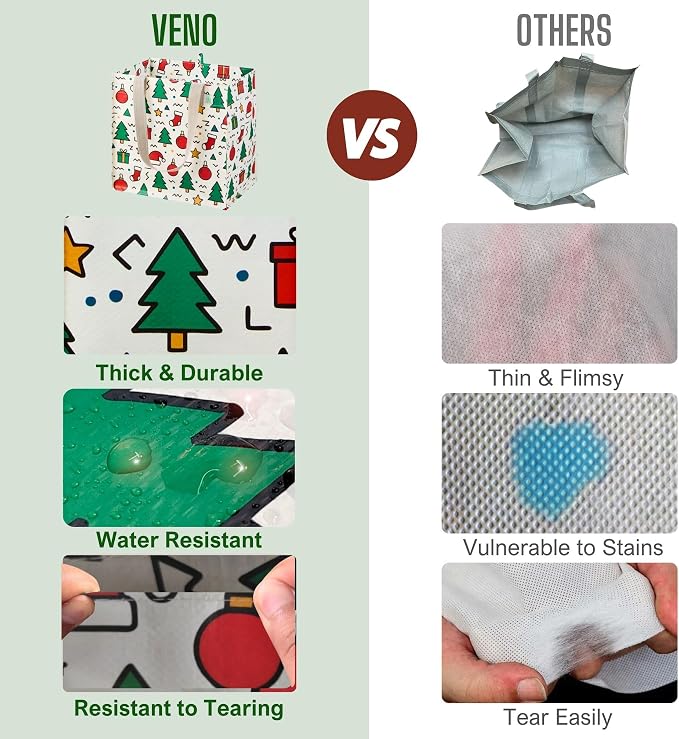 VENO 4 Pack Christmas Reusable Grocery Bags, Heavy-Duty Shopping Bags - Image 6