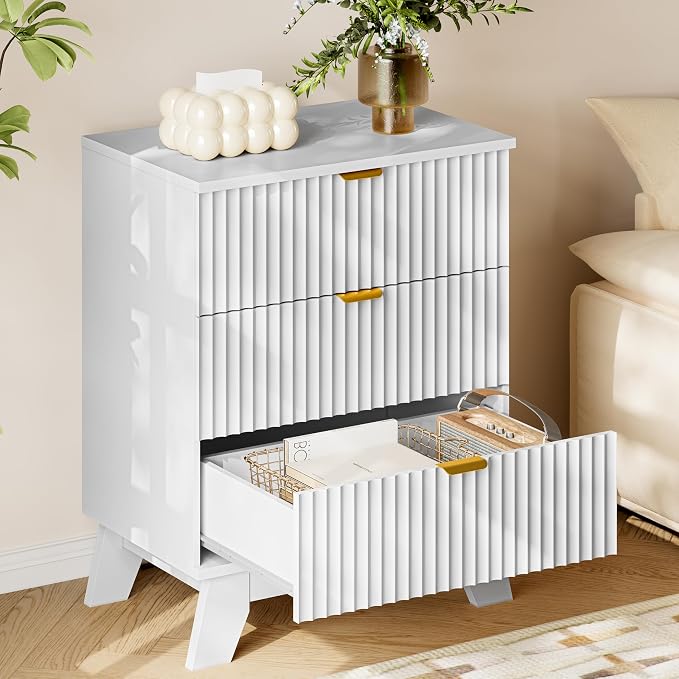 30.5" Nightstand with Charging Station, 3-Drawer Fluted Bedroom Chest, Wood - Image 4