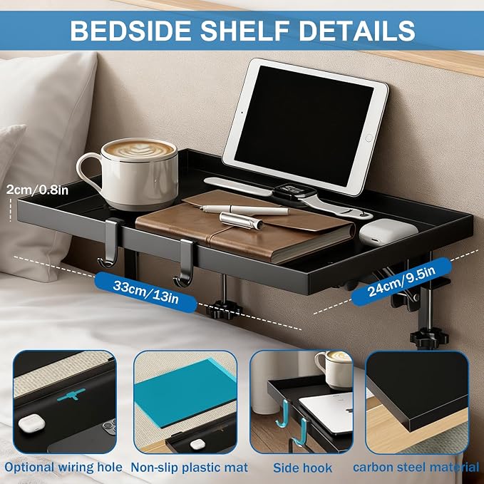 Foldable Bedside Shelf Metal, Clip-On Nightstand - Image 3