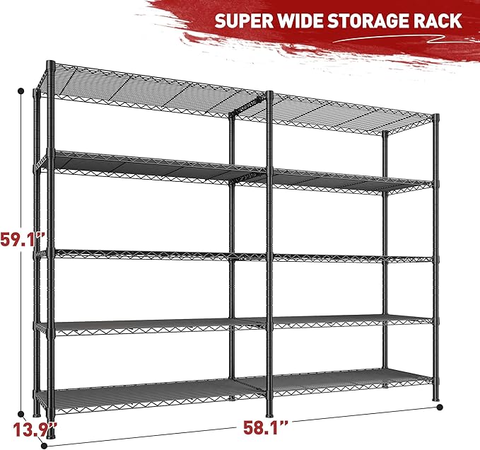 REIBII 1450LBS Metal Shelving Unit Storage Shelves 5 Tier Wire Shelving 58.1''W - Image 3