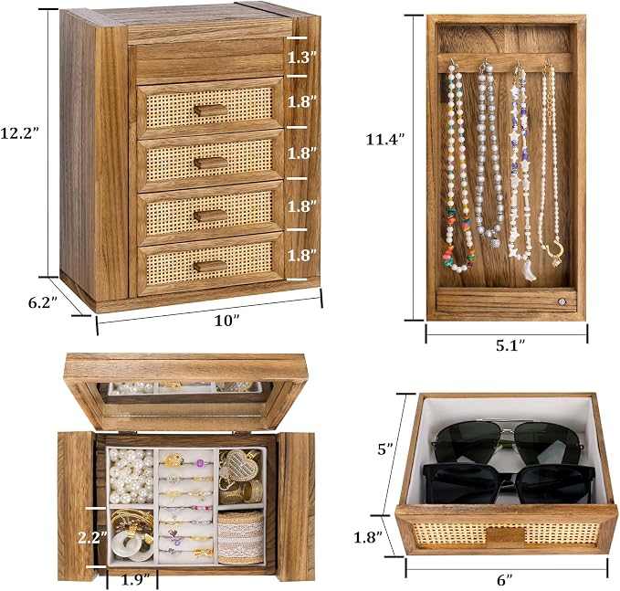 Jewelry Organizer, Rattan Jewelry Box, 5 Layer Wooden Jewelry Organizer Box - Image 2