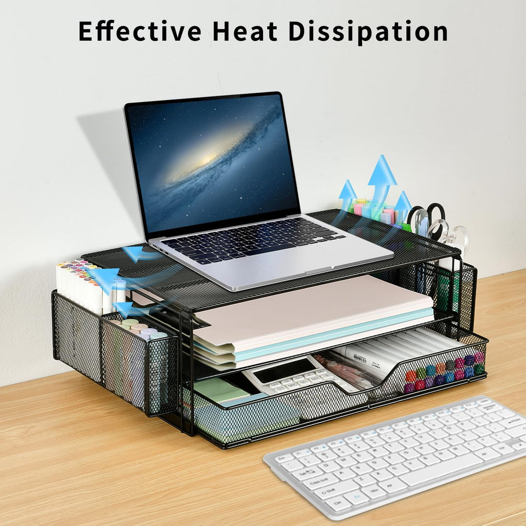 2 Tier Computer Monitor Stands with Drawer and 2 Pencil Holder, Metal