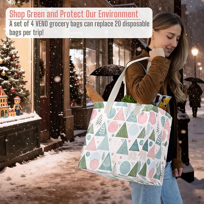 VENO 4 Pack Christmas Reusable Grocery Bags, Heavy-Duty Shopping Bags - Image 7