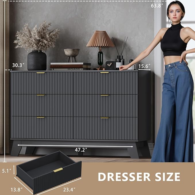 Fluted 6 Drawer Dresser, 47.2" Wide Modern Boho Chest of Drawers, Wooden - Image 2
