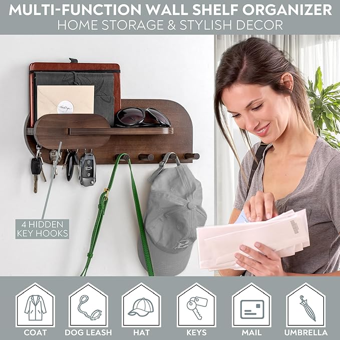 Solid Wood Mail and Key Holder for Wall Decorative Display - Image 2
