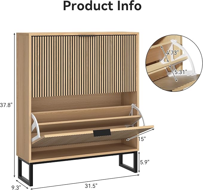 Shoe Cabinet with 2 Flip Drawers, Narrow Wood Shoe Cabinet Storage - Image 2