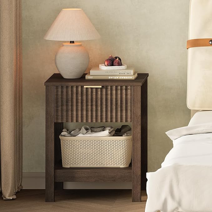 Fluted Night Stand with Golden Handle, Mid-Century Nightstands with Drawer - Image 5