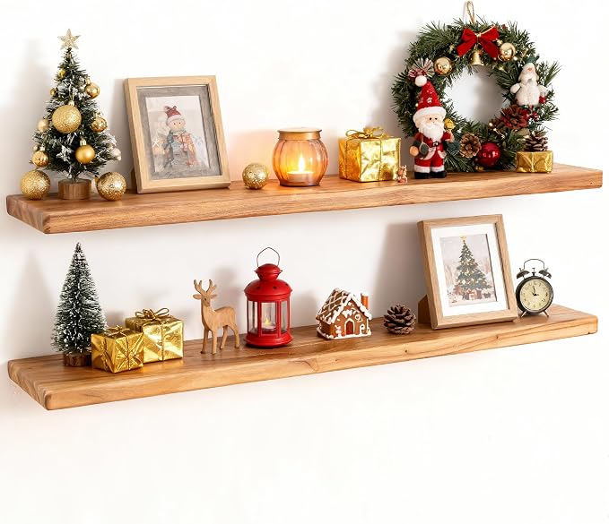 36" Rustic Elm Wood Floating Shelves, 8 Inch Deep Wall Shelves by FunMemories