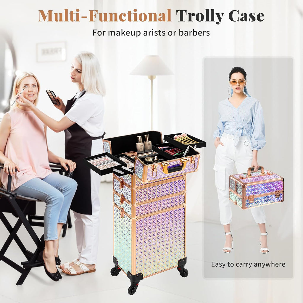 AROUS 5 in 1 Rolling Makeup Train Case with Lid Cosmetology Case on