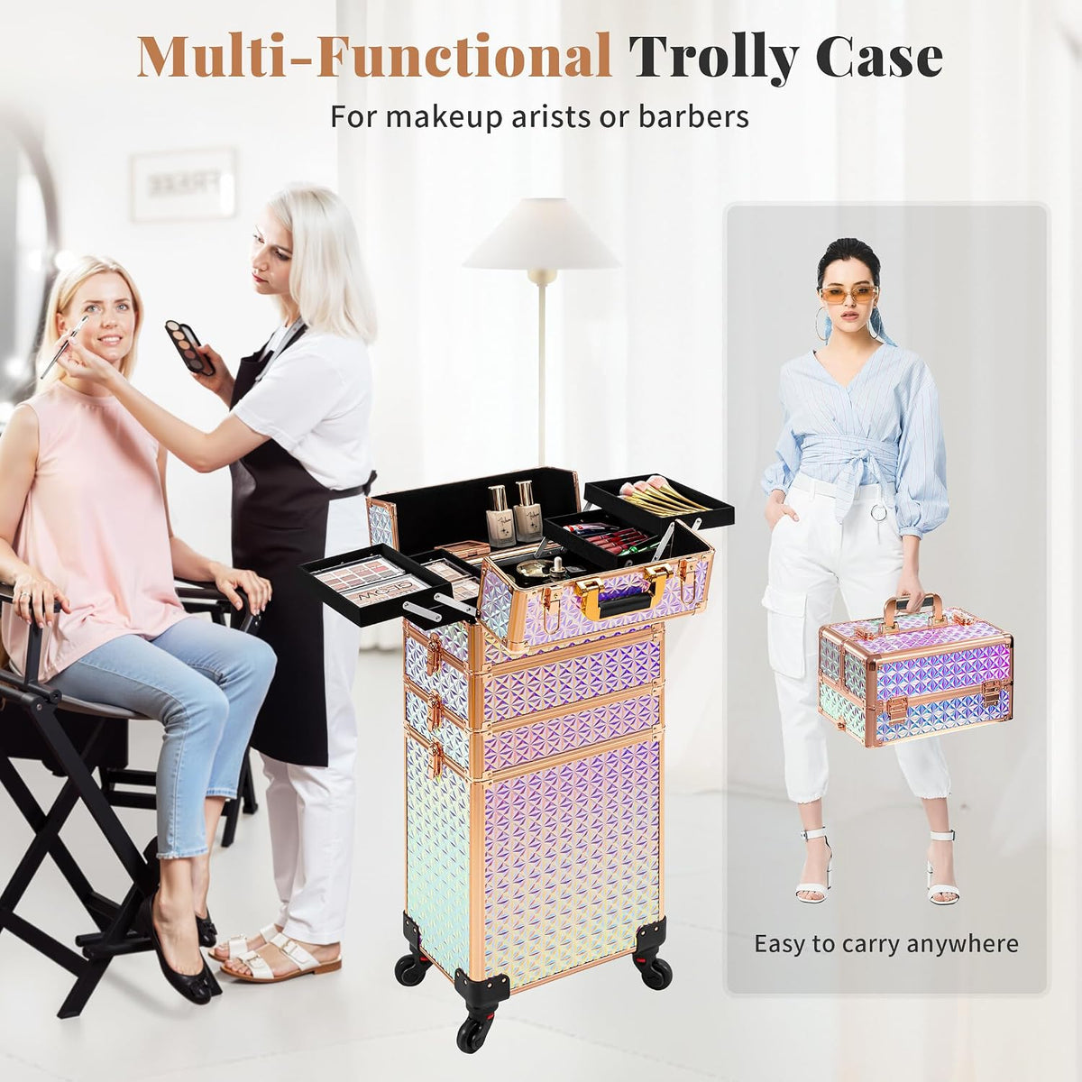 AROUS 5 in 1 Rolling Makeup Train Case with Lid Cosmetology Case on