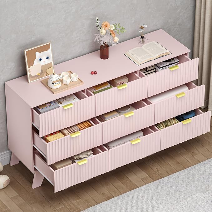 Fluted 9 Drawer Dresser, 57.1" Wide Modern Boho Chest of Drawers, Wooden - Image 4