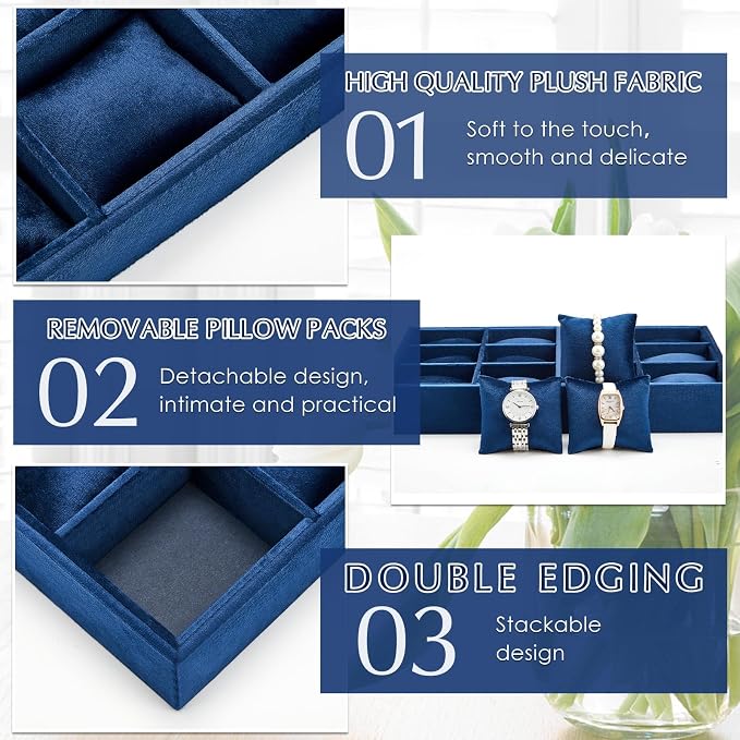 Henoyso 2 Pieces 12 Grid Velvet Watch Tray Jewelry Organizer Stackable Watch - Image 3
