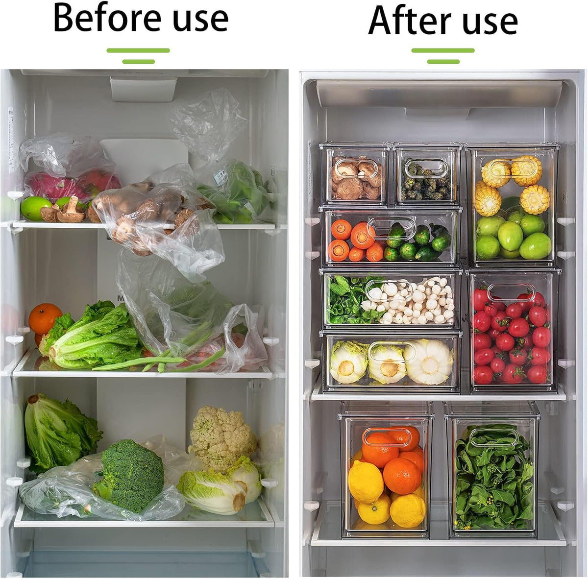MANO Fridge Drawer Pull Out Stackable Bins with Handle Clear