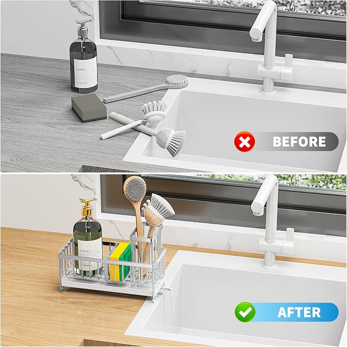 Cisily Silver Sponge Holder for Kitchen Sink, Sink Caddy Organizer - Image 5