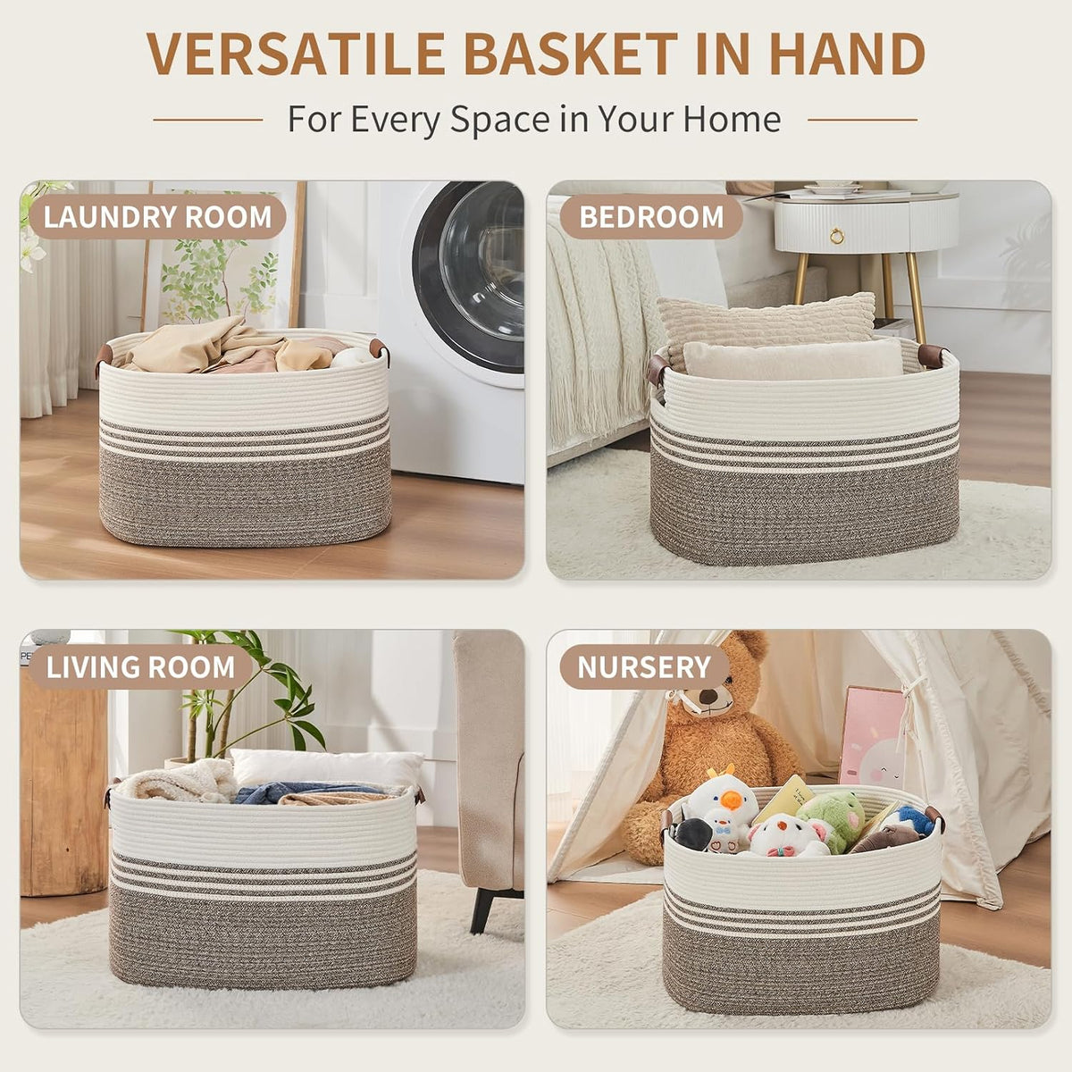 Laundry Hamper with Handles, 72L Rope Laundry Basket, Rice Brown &