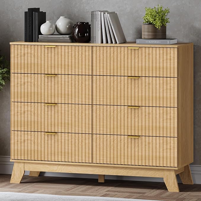 Fluted 8 Drawer Tall Dresser, 47.2" Wide Modern Boho Chest of Drawers, Wooden by BORNOON