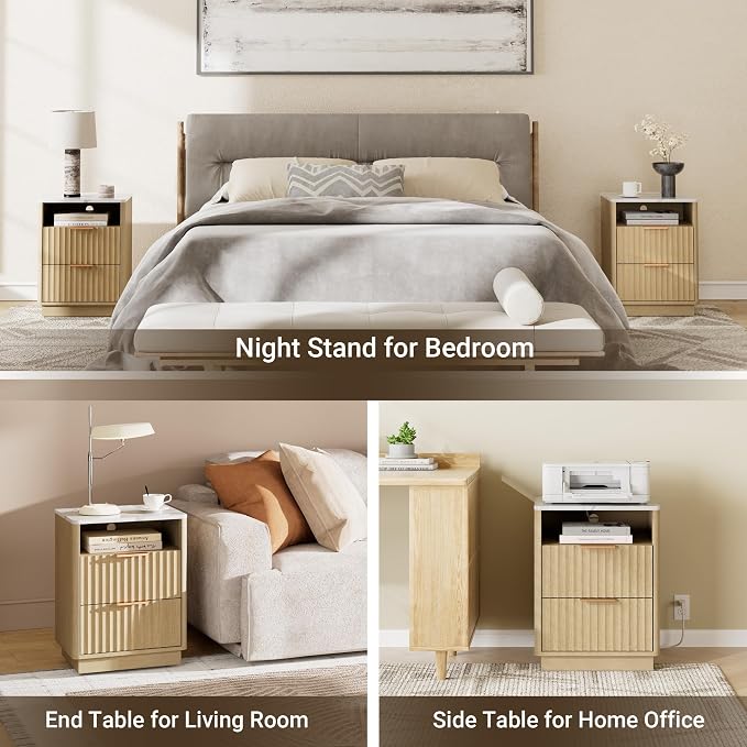 Fluted Night Stand with Charging Station, 2 Drawers End Table with Storage - Image 7