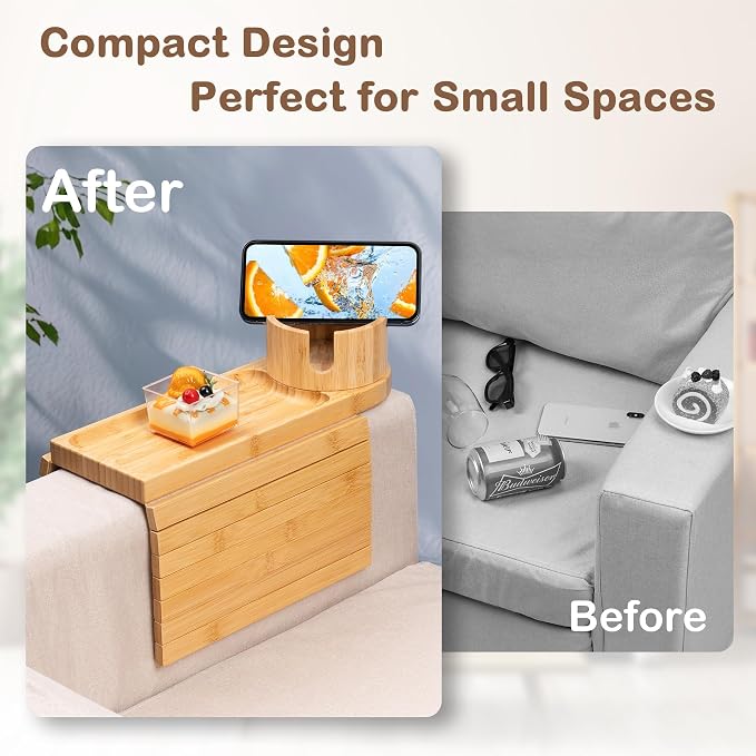 Couch Cup Holder Tray for Thin Armrest Wider Than 4.9'', Bamboo Couch Arm Tray - Image 6