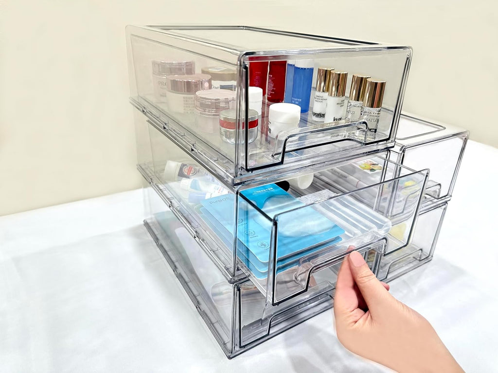 Stackable storage drawers, clear pull-out organizer with handles and