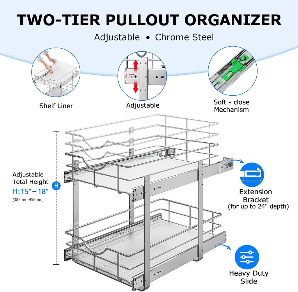 WelFurGeer 2-Tier Kitchen Cabinet Pullout Shelf and Drawer Organizer