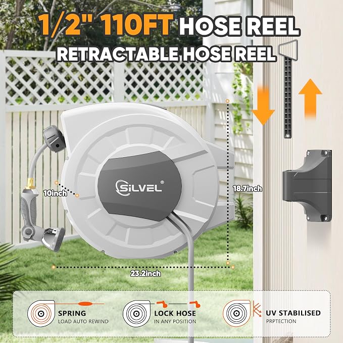 SILVEL Retractable Garden Hose Reel, 1/2 in x 110ft Wall Mount Heavy Duty - Image 5
