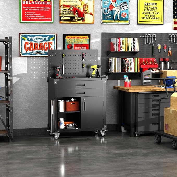 SUXXAN Black Tool Cart with Pegboard and 4 Hooks, Garage Storage Cabinet on - Image 6