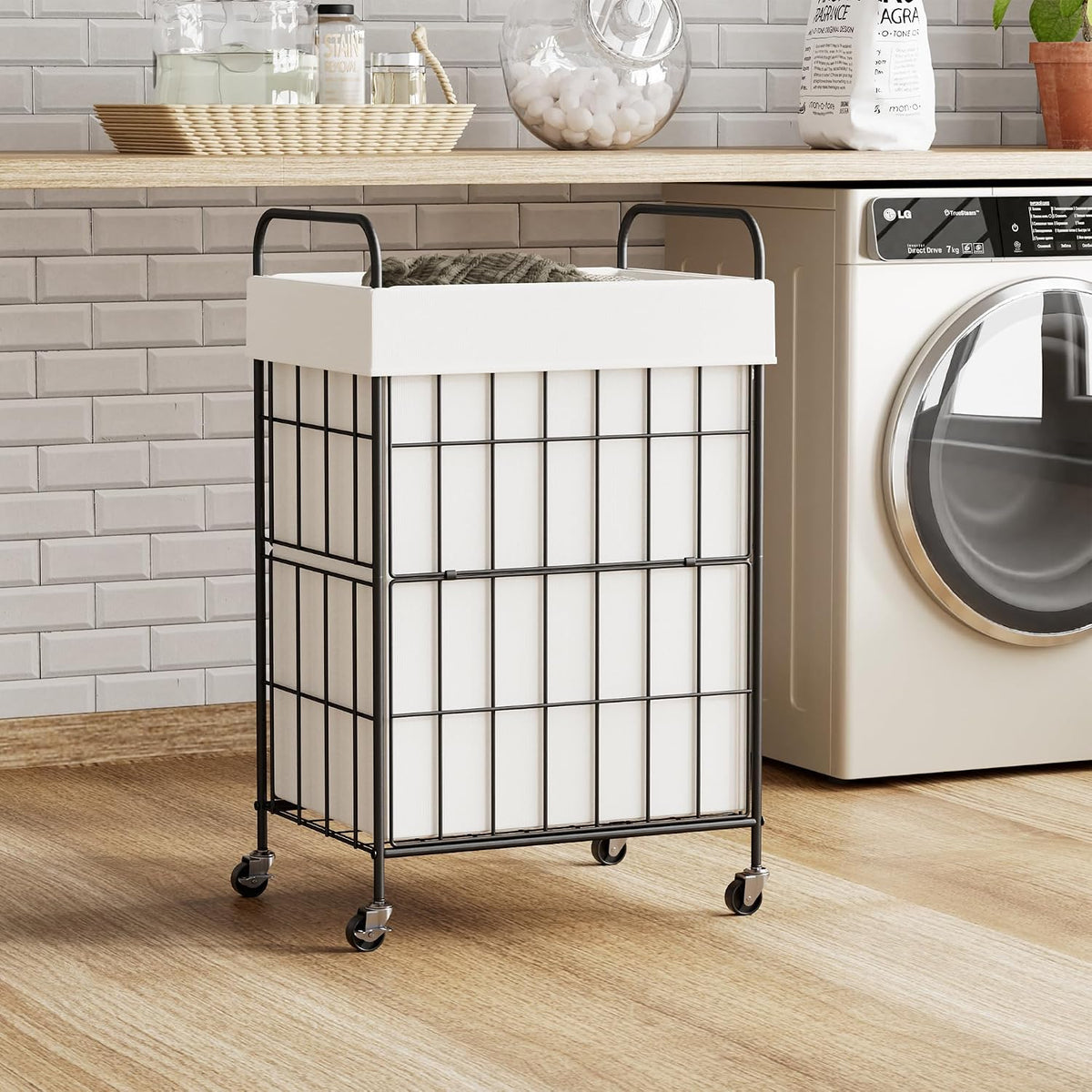 90L Laundry Hamper with Wheels, Laundry Basket with Handle and Liner