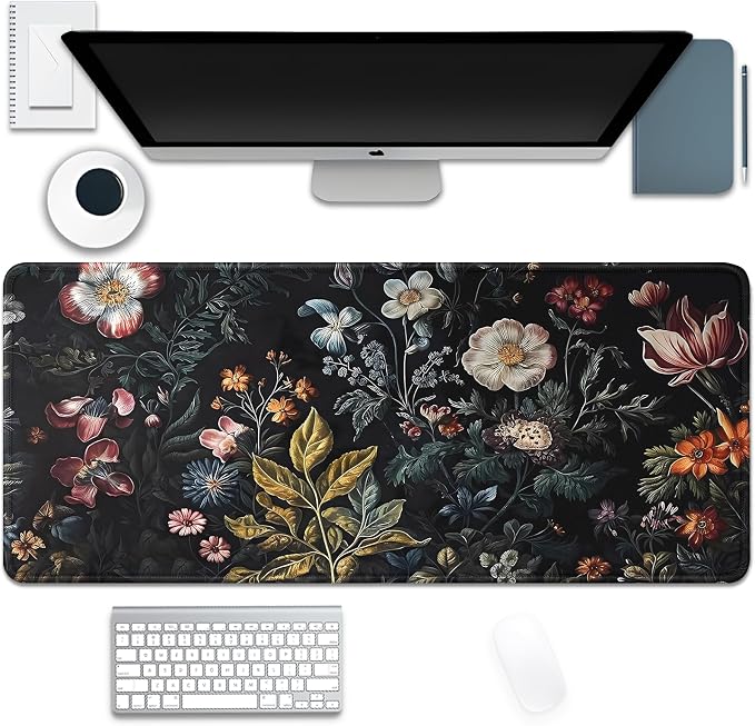 Vintage Aesthetic Mouse Pad, Extended Flower Plant Black Mousepad Desk Pad by Unknown