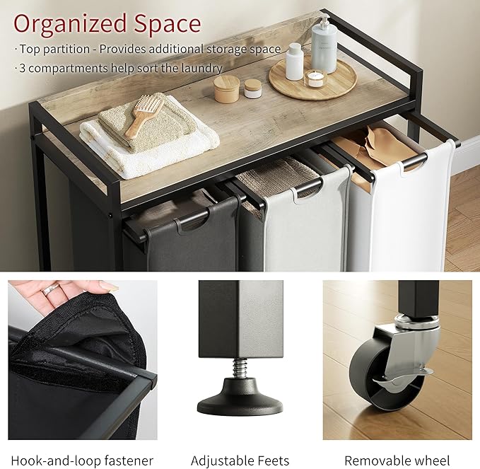Laundry Hampers with Shelf, Laundry Basket 3 Section, Laundry Sorter with - Image 3