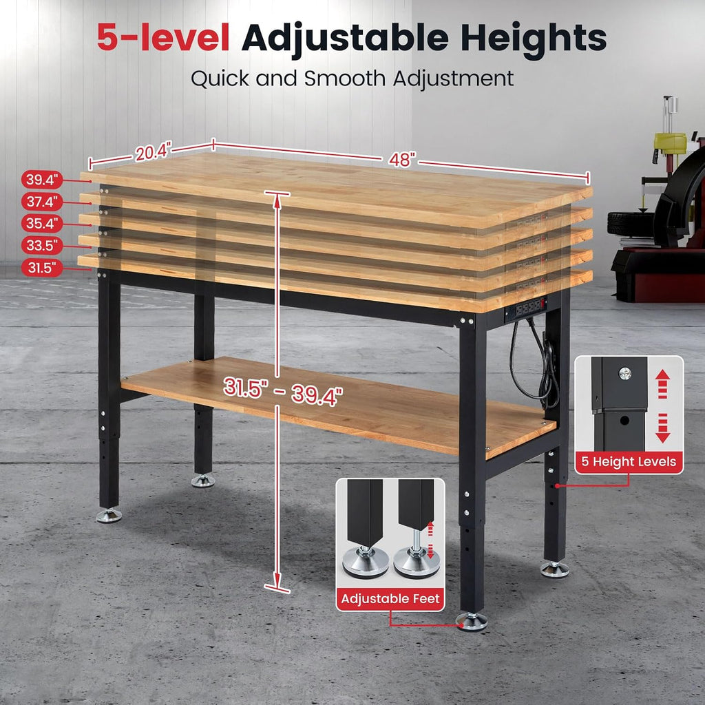 48" Heavy Duty Workbench for Garage, Adjustable Height Work Table with