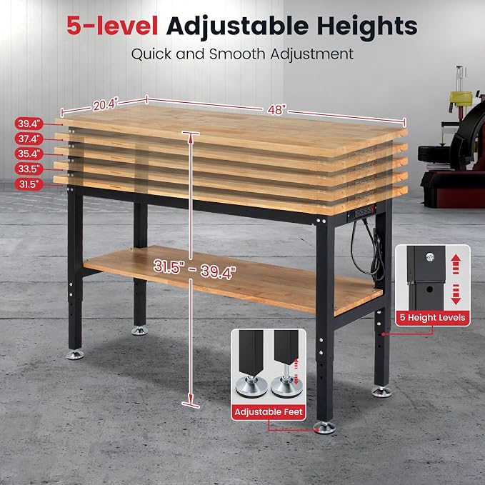 Workbench with Double Layers 48 x 20 Inch Heavy Duty Rubberwood Tabletop Work - Image 8
