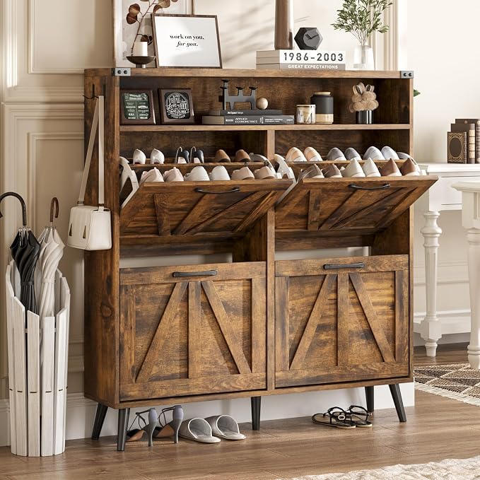 Shoe Cabinet with 4 Flip Drawers, Farmhouse Shoe Storage Cabinet by Halitaa